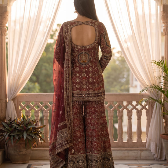 Maharani Maroon Crepe Readymade Heavy Embroidered Sharara Set With Net Dupatta - back