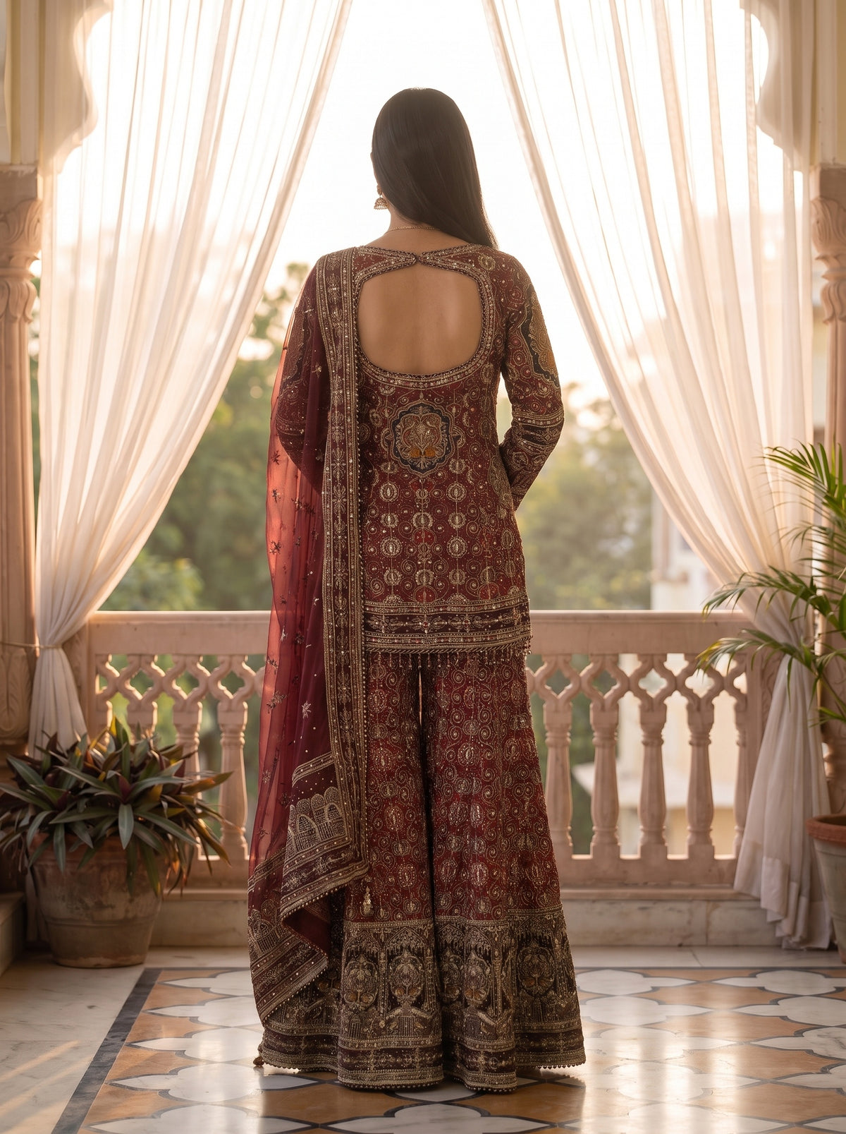 Maharani Maroon Crepe Readymade Heavy Embroidered Sharara Set With Net Dupatta - back