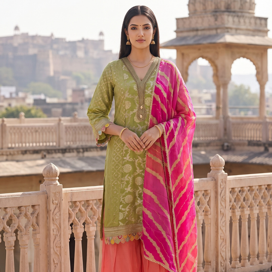 Citrus Utsav Pista Loom Readymade Suit And Palazzo With Leheriya Dupatta - hero