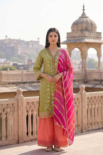 Citrus Utsav Pista Loom Readymade Suit And Palazzo With Leheriya Dupatta - hero