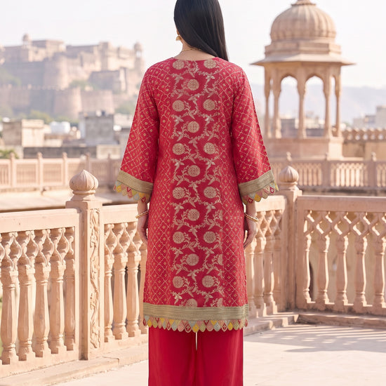 Coral Utsav Loom Readymade Suit And Palazzo With Leheriya Dupatta - back