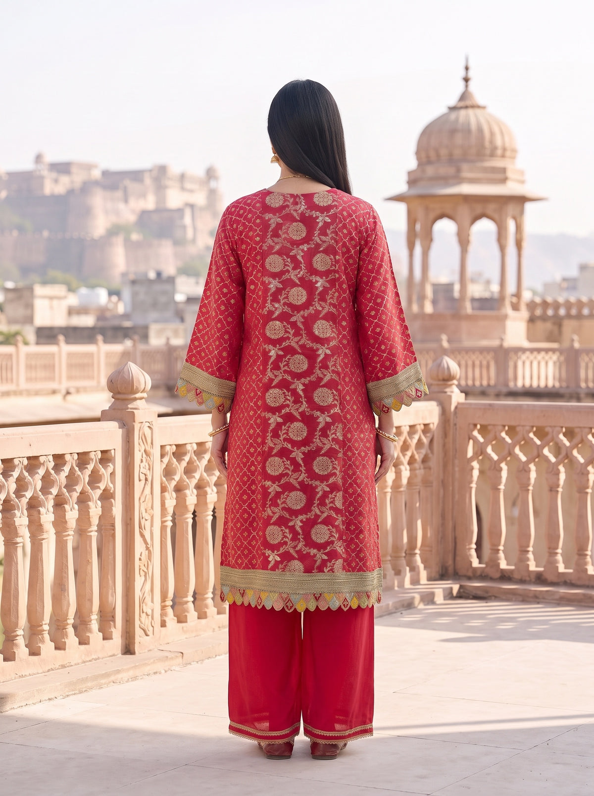 Coral Utsav Loom Readymade Suit And Palazzo With Leheriya Dupatta - back