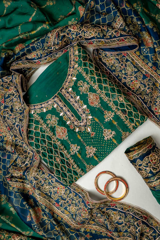 Regal Charm Bottle Green Organza Unstitched Salwar Suit With Organza Dupatta