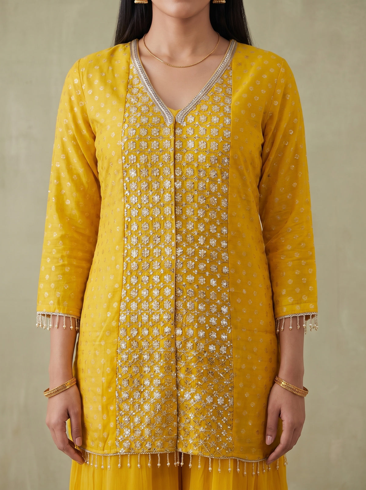 Golden Hour Mango Gold Georgette Readymade Kurta And Sharara Set - closeup