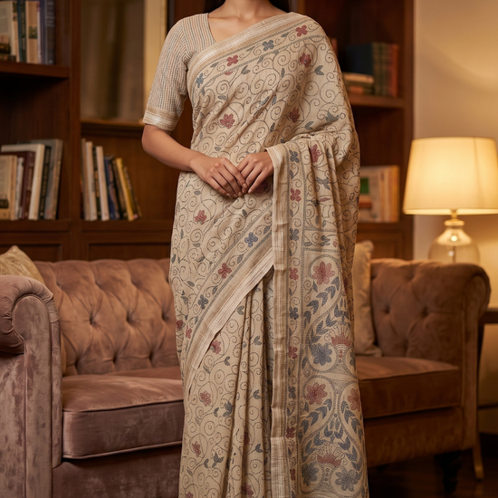 Tusser Cotton Floral Printed Saree - Hero