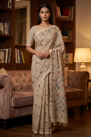 Tusser Cotton Floral Printed Saree - Hero