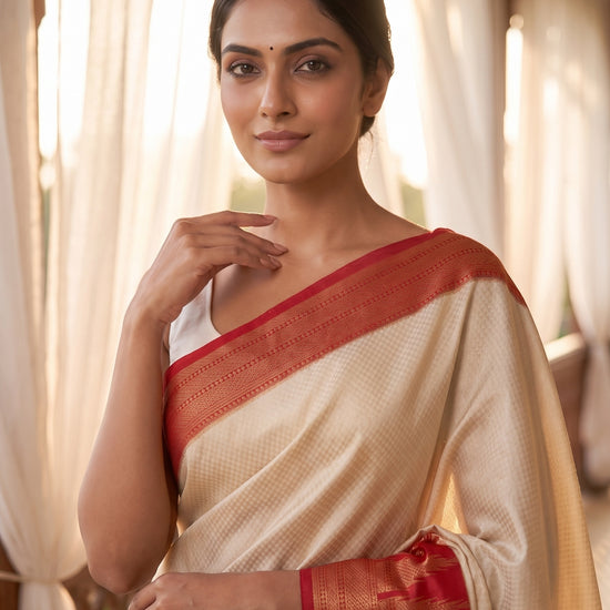 Off White Maroon Loom Saree - Close Up