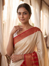 Off White Maroon Loom Saree - Close Up