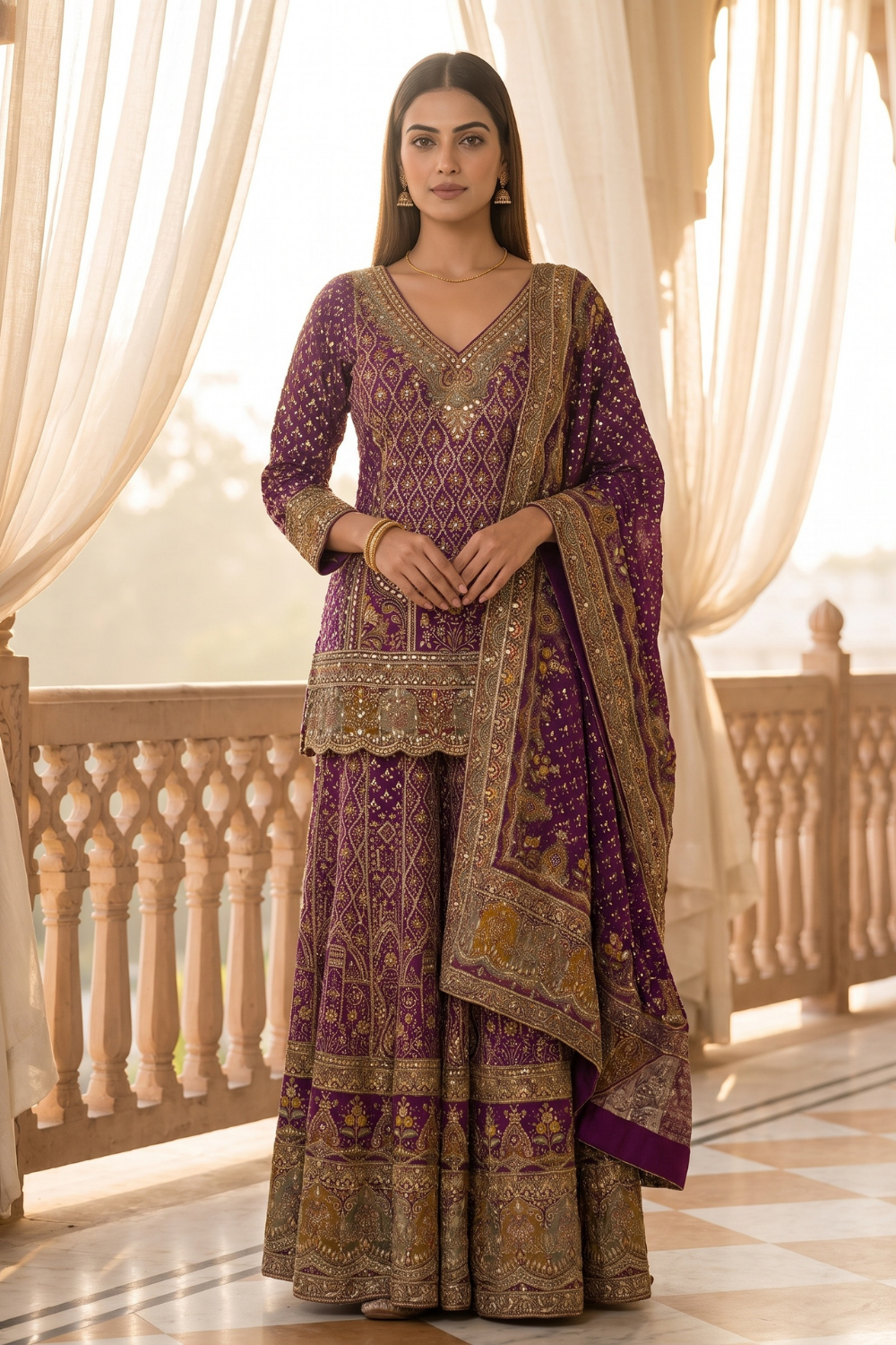 Maharani Magenta Crepe Readymade Gota Patti Sharara Set With Dupatta - hero
