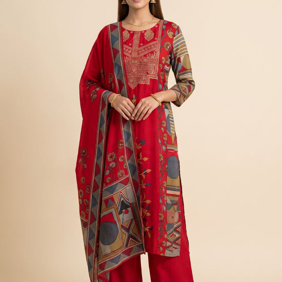 Heritage Patchwork Red Cotton Readymade Suit And Pant With Printed Dupatta - hero