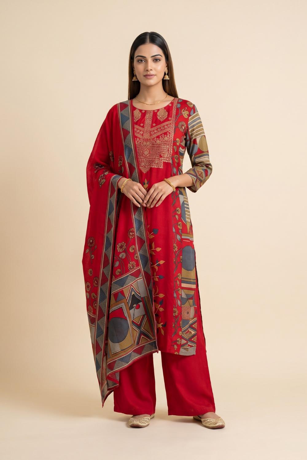 Heritage Patchwork Red Cotton Readymade Suit And Pant With Printed Dupatta - hero