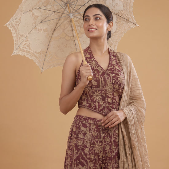 Velvet Dusk Garnet Georgette Readymade Halter Top And Palazzo Set With Crush Tissue Dupatta - mood