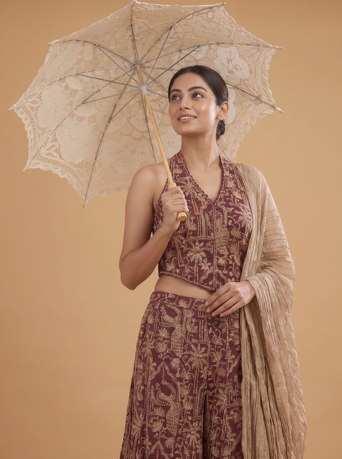 Velvet Dusk Garnet Georgette Readymade Halter Top And Palazzo Set With Crush Tissue Dupatta - mood