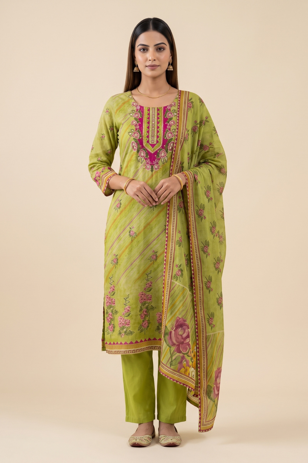 Leheriya Bloom Pista Crepe Readymade Suit And Pant With Printed Dupatta - hero