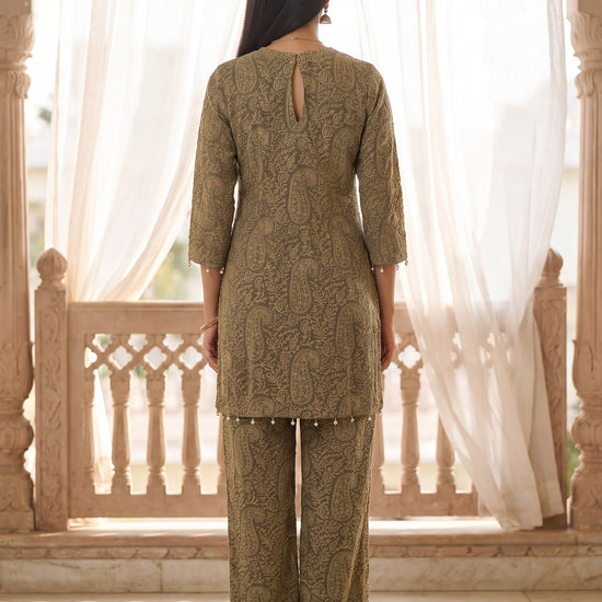 Quiet Luxe Grey Georgette Readymade Suit And Pant With Georgette Dupatta - back