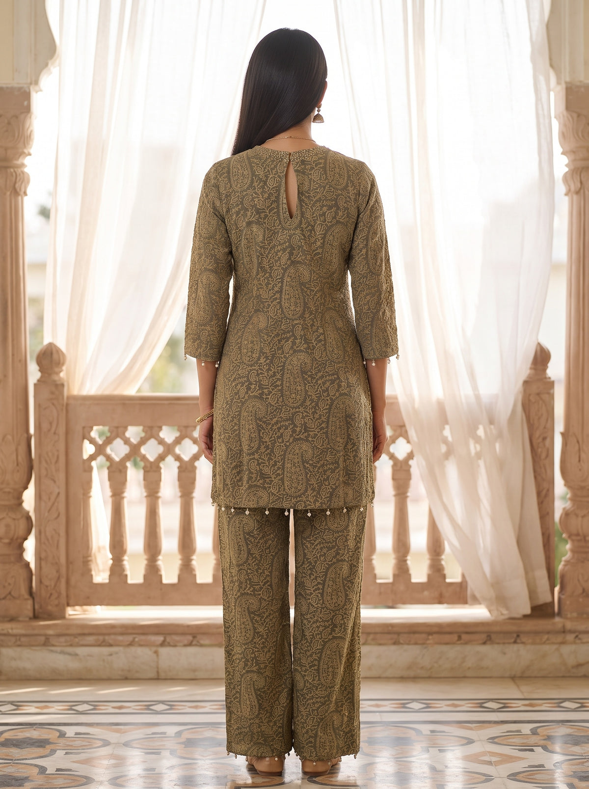 Quiet Luxe Grey Georgette Readymade Suit And Pant With Georgette Dupatta - back
