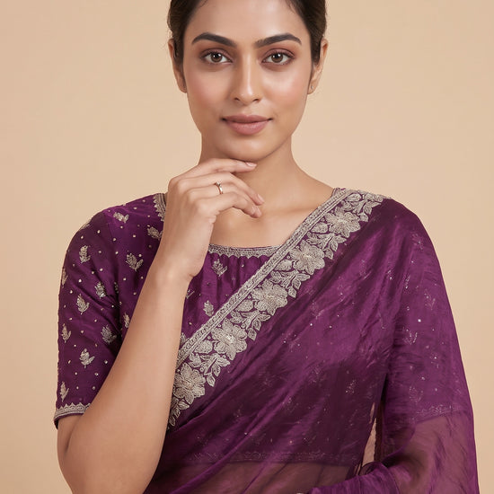 Wine Organza Saree - Close Up