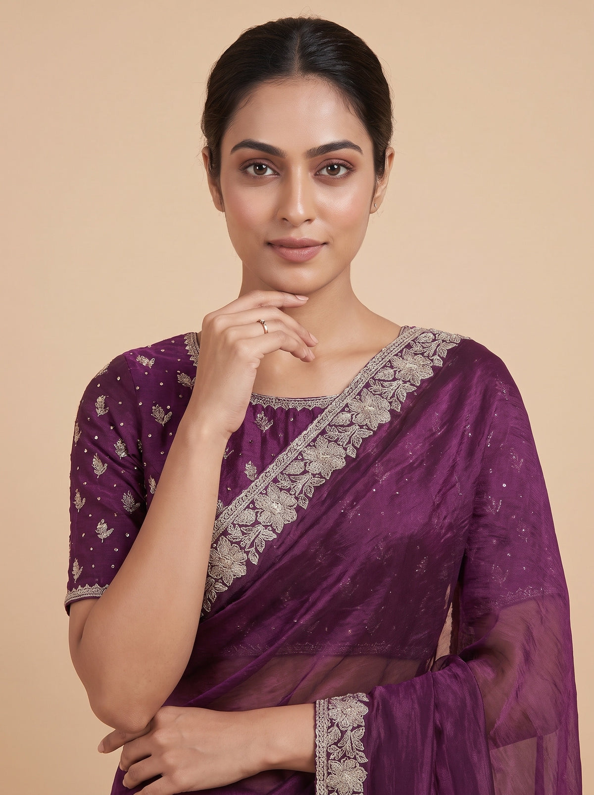 Wine Organza Saree - Close Up