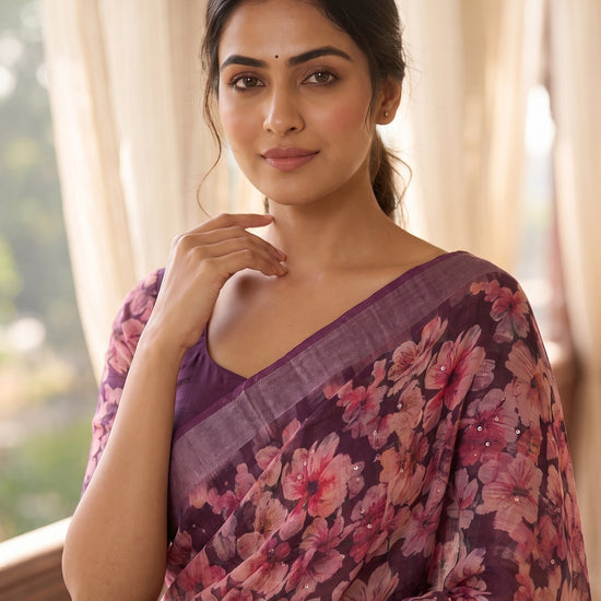 Garnet Cotton Floral Printed Saree - Close Up
