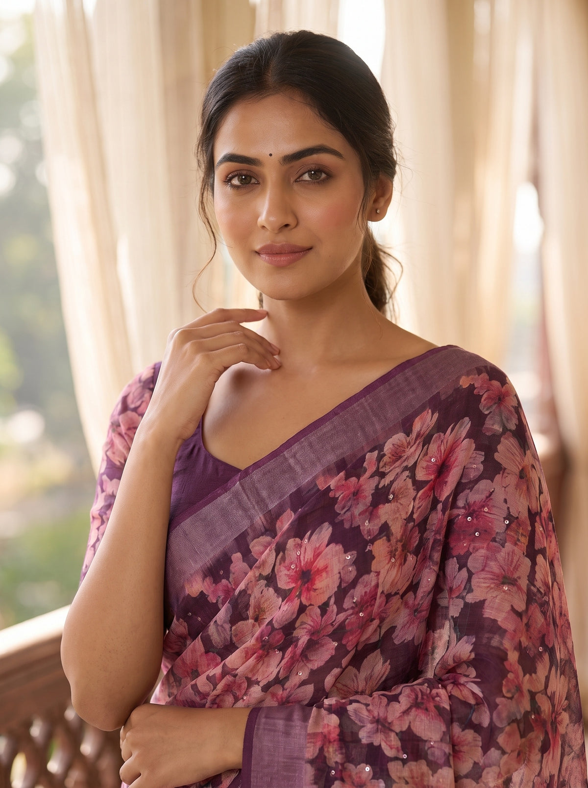 Garnet Cotton Floral Printed Saree - Close Up