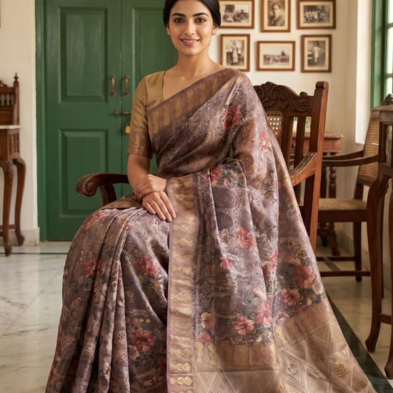 Metallic Mauve Organza Floral Printed Saree - Mood