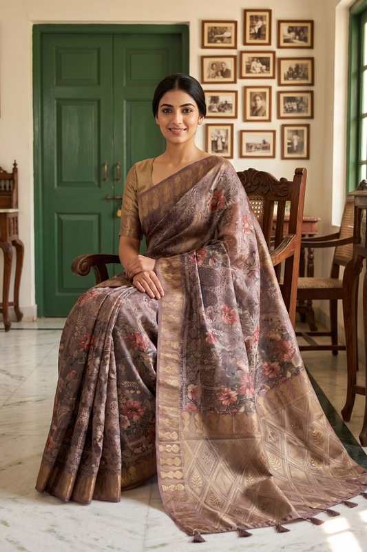 Metallic Mauve Organza Floral Printed Saree - Mood