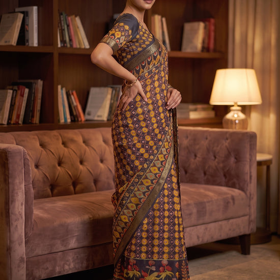Navy Blue Georgette Printed Saree - Side