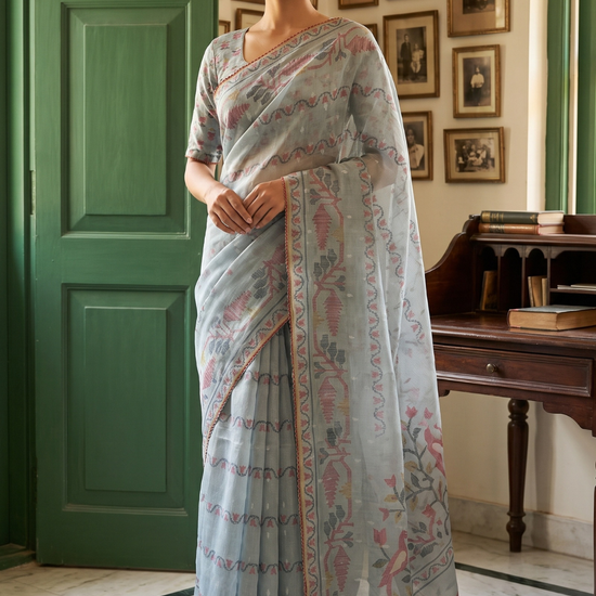 Sky Blue Chanderi Cotton Printed Saree - Hero