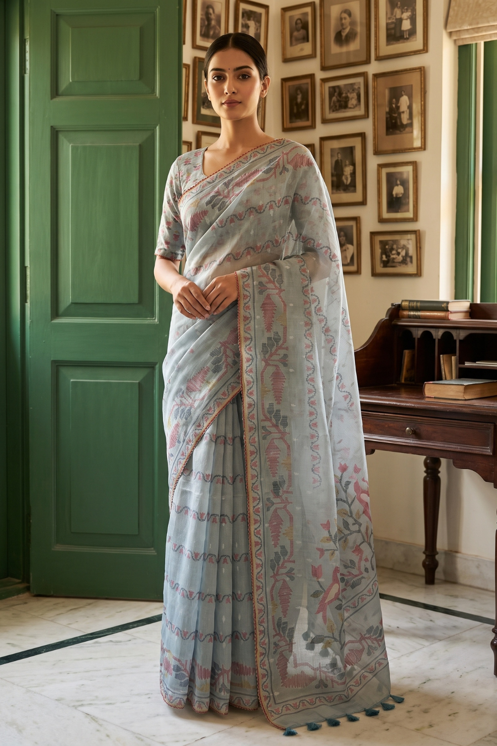Sky Blue Chanderi Cotton Printed Saree - Hero