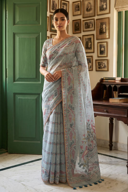 Sky Blue Chanderi Cotton Printed Saree - Hero