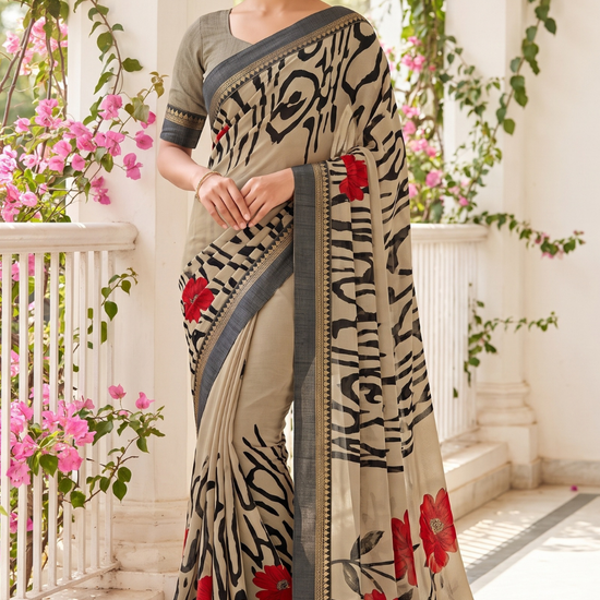 Black Tusser Cotton Floral Printed Saree - Hero