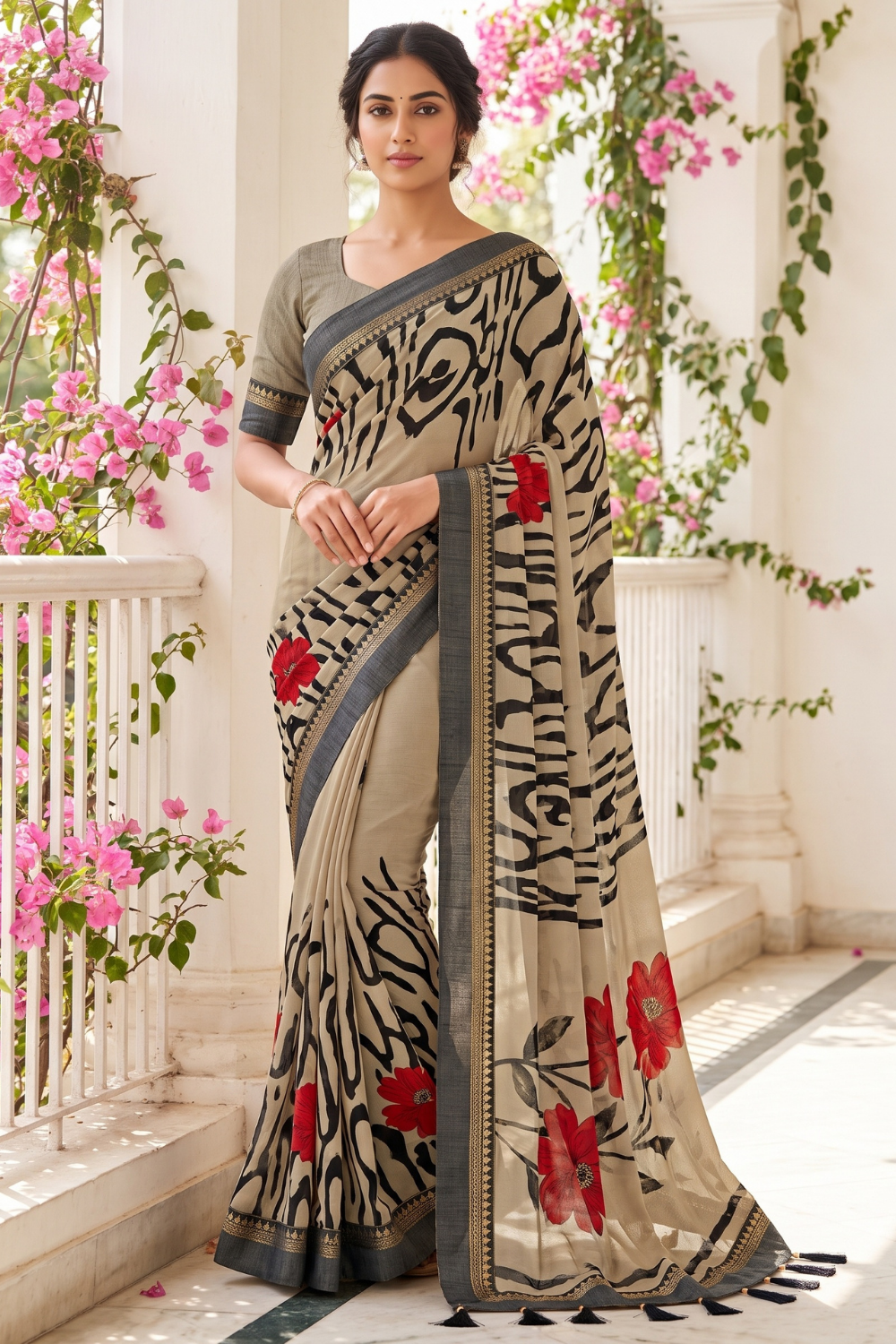 Black Tusser Cotton Floral Printed Saree - Hero