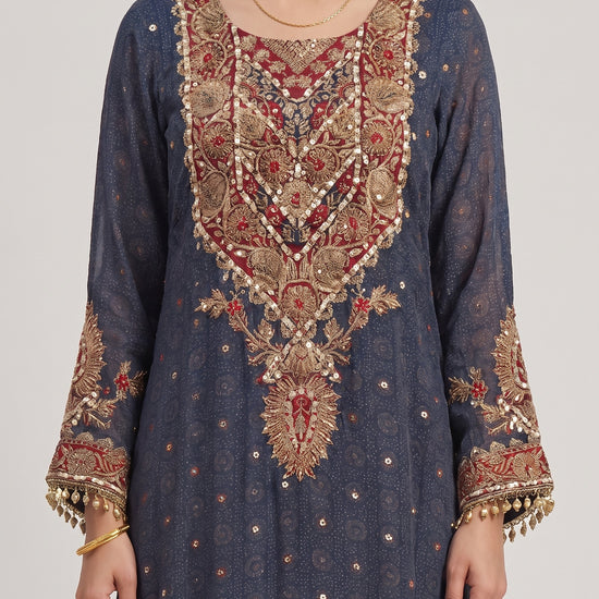 Midnight Mehfil Blue Crepe Readymade Suit And Pant With Contrast Dupatta - closeup