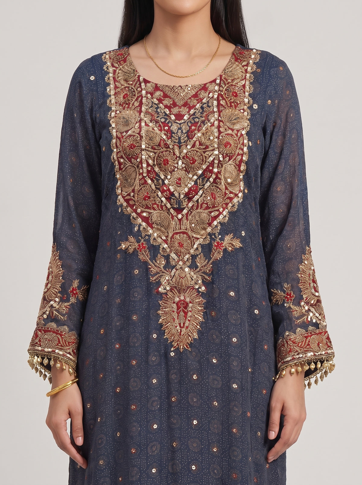 Midnight Mehfil Blue Crepe Readymade Suit And Pant With Contrast Dupatta - closeup