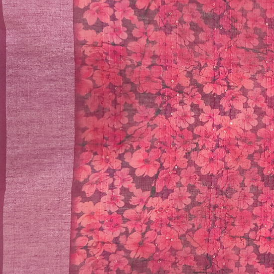 Garnet Cotton Floral Printed Saree - Blouse