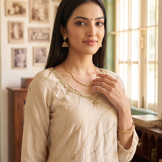 Ivory Whisper Tussar Crepe Readymade Suit - closeup