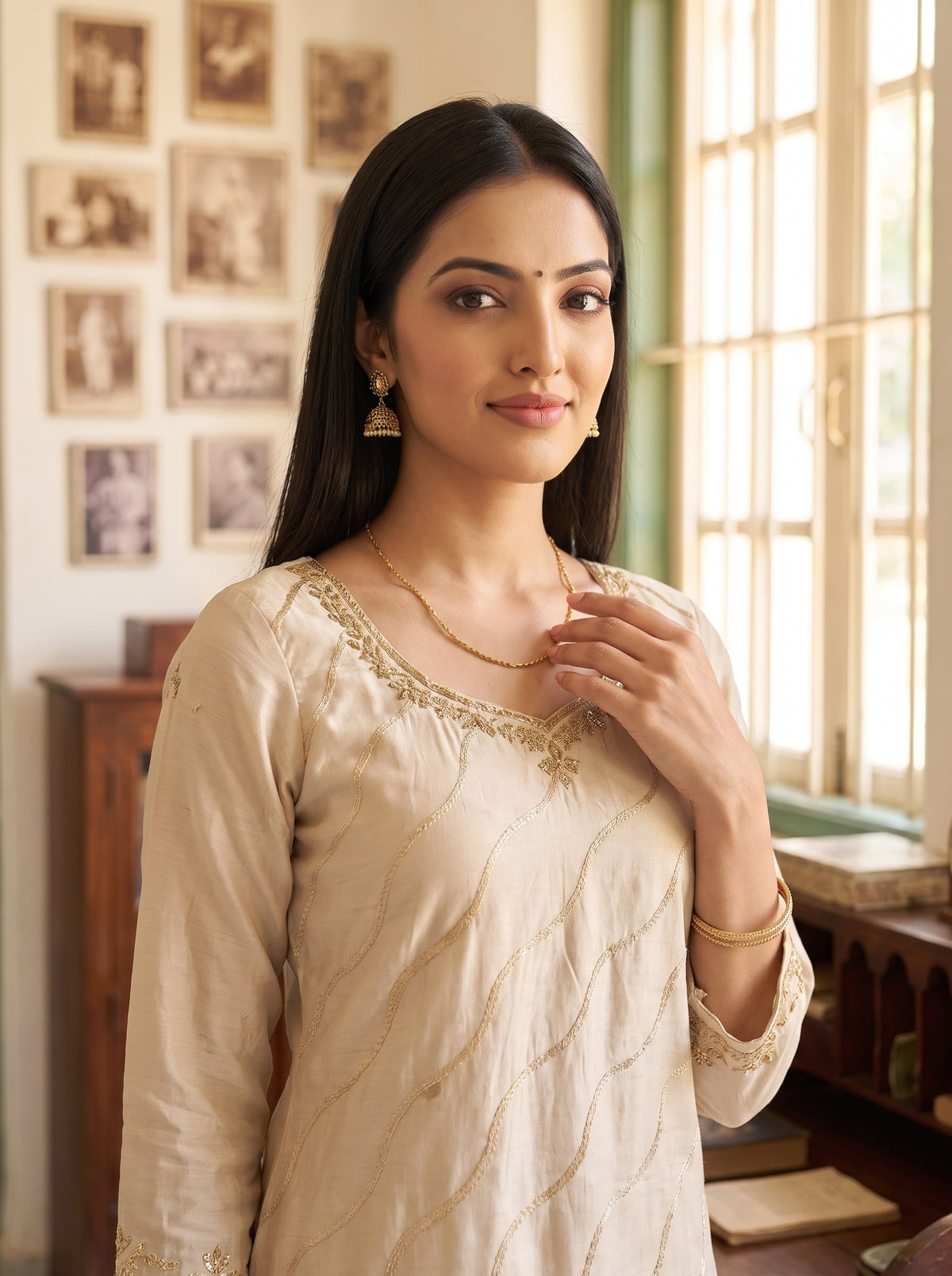 Ivory Whisper Tussar Crepe Readymade Suit - closeup