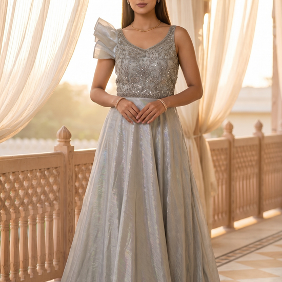 Mint Whisper Pista Lycra Readymade Anarkali Gown With Net Dupatta - hero