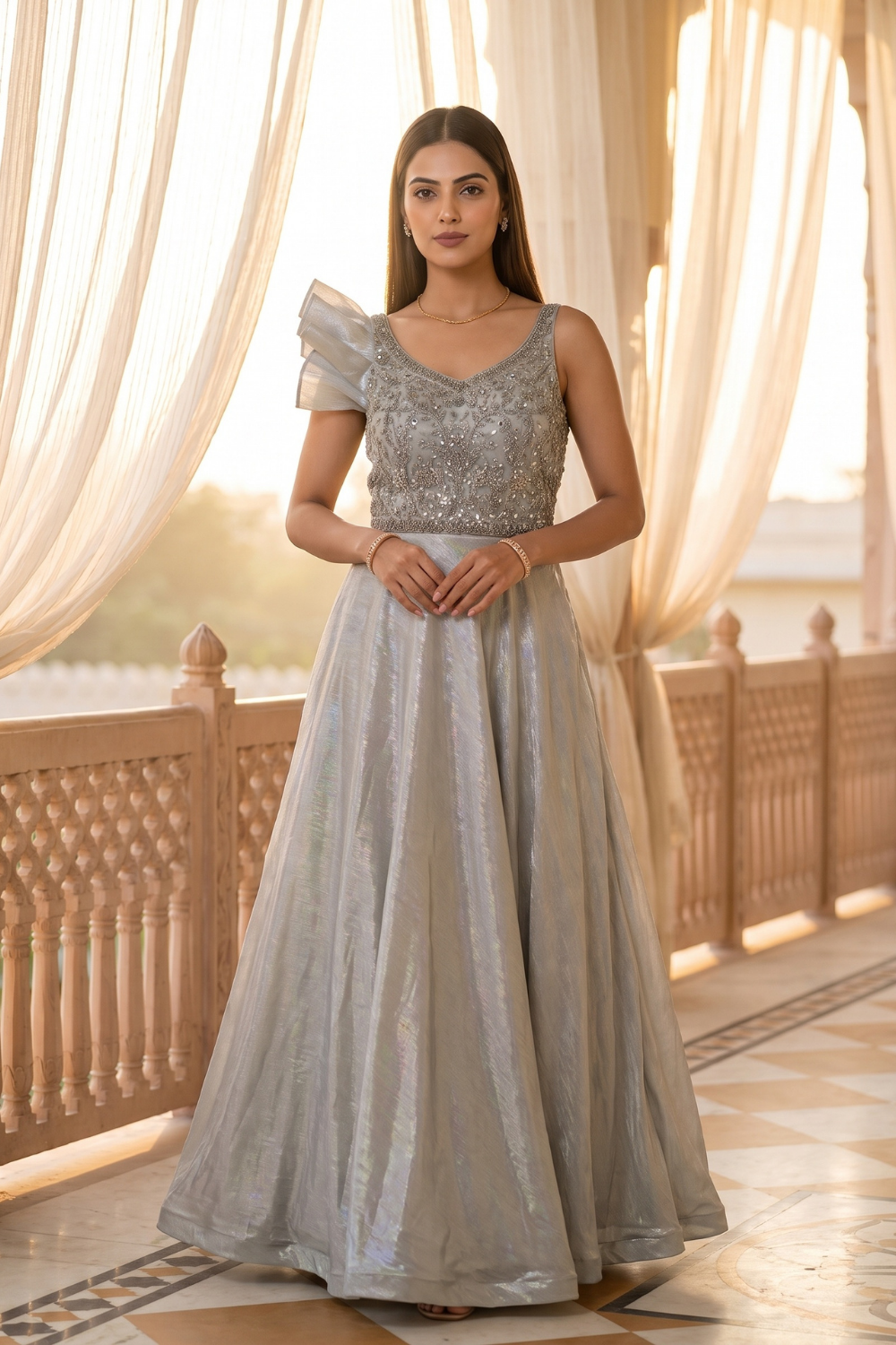 Mint Whisper Pista Lycra Readymade Anarkali Gown With Net Dupatta - hero