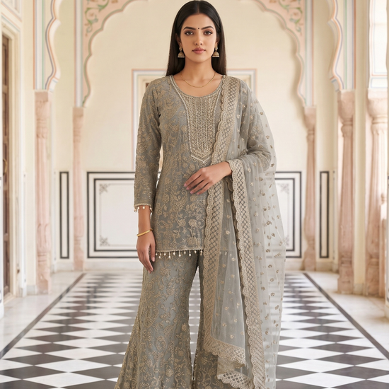 Silver Mist Grey Georgette Readymade Embroidered Sharara Set With Net Dupatta - hero