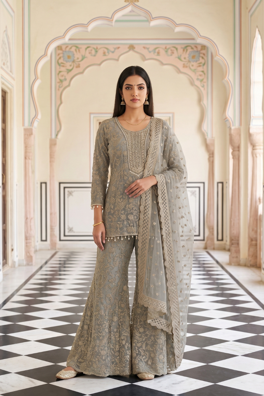 Silver Mist Grey Georgette Readymade Embroidered Sharara Set With Net Dupatta - hero