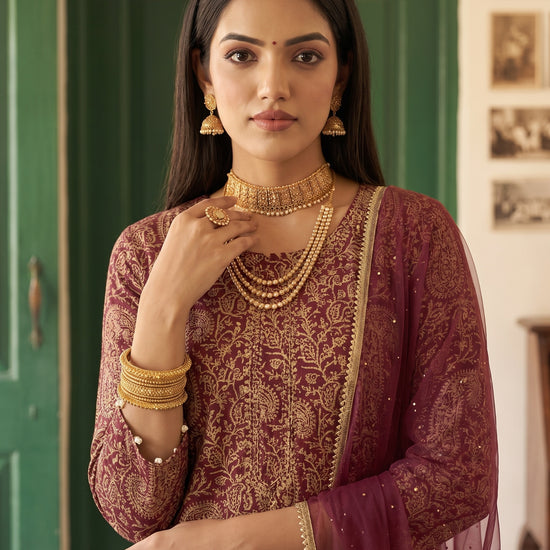 Spiced Paisley Dark Gajari Georgette Readymade Suit - closeup