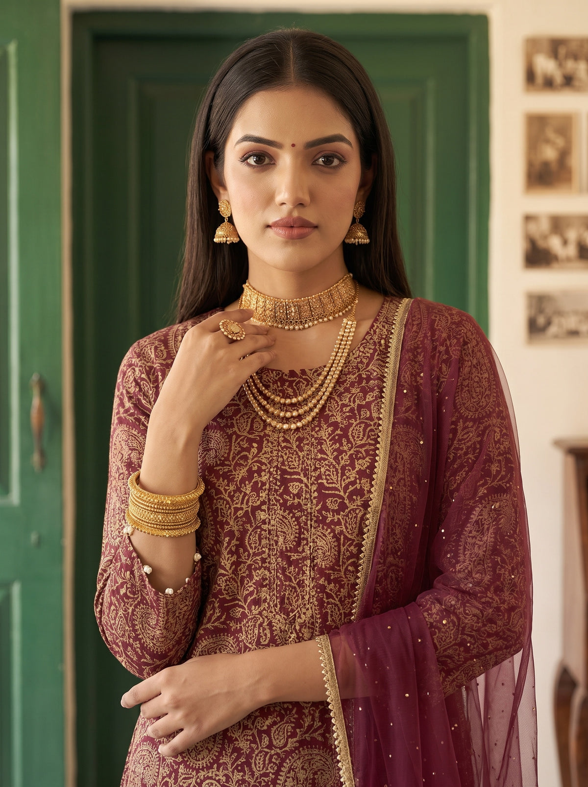 Spiced Paisley Dark Gajari Georgette Readymade Suit - closeup