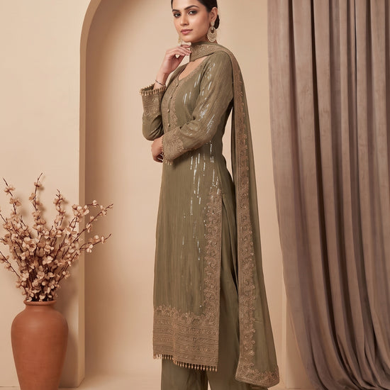Gilded Sage Metallic Grey Georgette Readymade Kurta And Pant Set With Dupatta - side