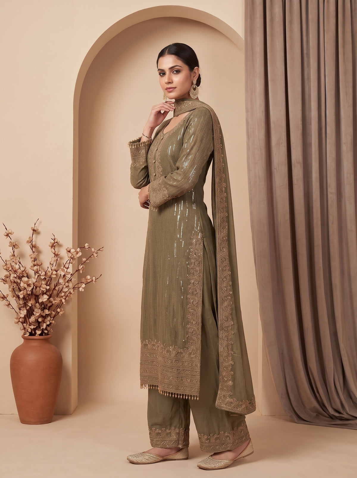 Gilded Sage Metallic Grey Georgette Readymade Kurta And Pant Set With Dupatta - side