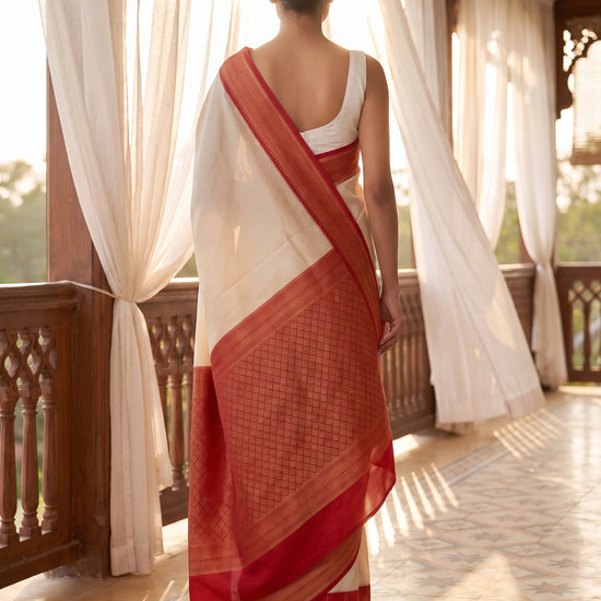 Off White Maroon Loom Saree - Back