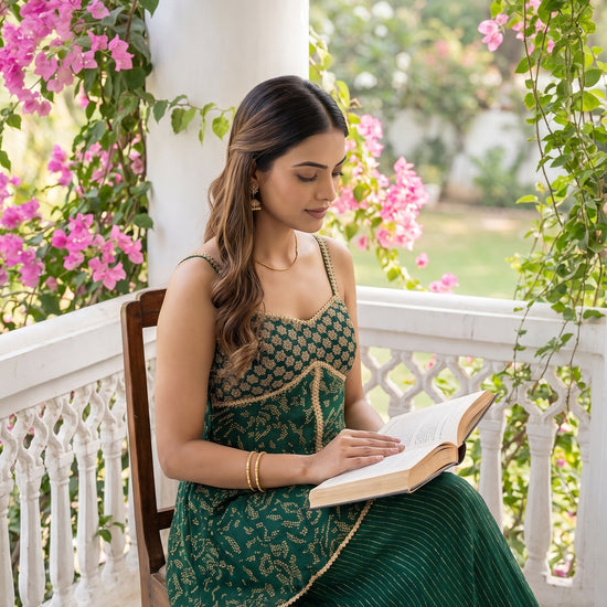 Emerald Muse Bottle Green Georgette Readymade Strappy Suit And Palazzo With Tissue Dupatta - mood