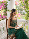 Emerald Muse Bottle Green Georgette Readymade Strappy Suit And Palazzo With Tissue Dupatta - mood