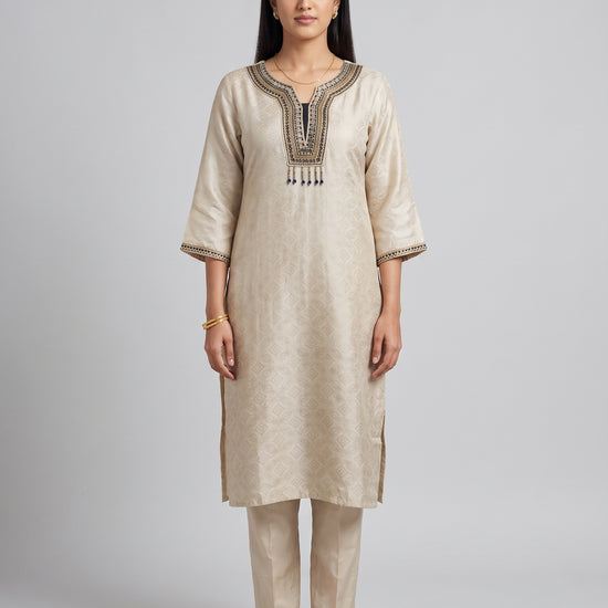 Monochrome Muse Tussar Shimmer Readymade Kurta And Pant With Tissue Dupatta - mood
