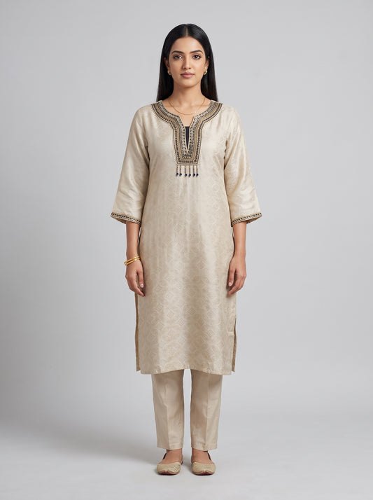 Monochrome Muse Tussar Shimmer Readymade Kurta And Pant With Tissue Dupatta - mood